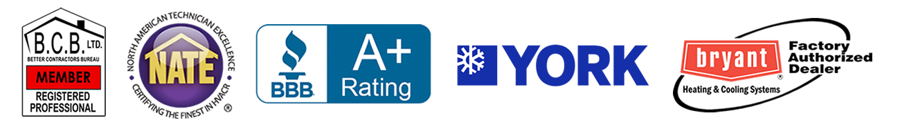 HVAC Certifications & Endorsements Badges - A+ BBB - BPI - NATE - BCB Member - Bryant Factory Authorized Dealer 