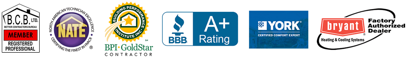 Certifications & Endorsements Badges - A+ BBB BPI - GoldStar Contractor - NATE - BCB Member - Bryant Factory Authorized Dealer 